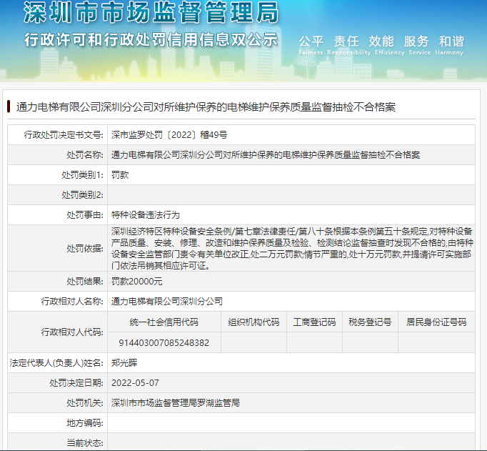 罰款2萬(wàn)元！通力電梯有限公司深圳分公司被處罰